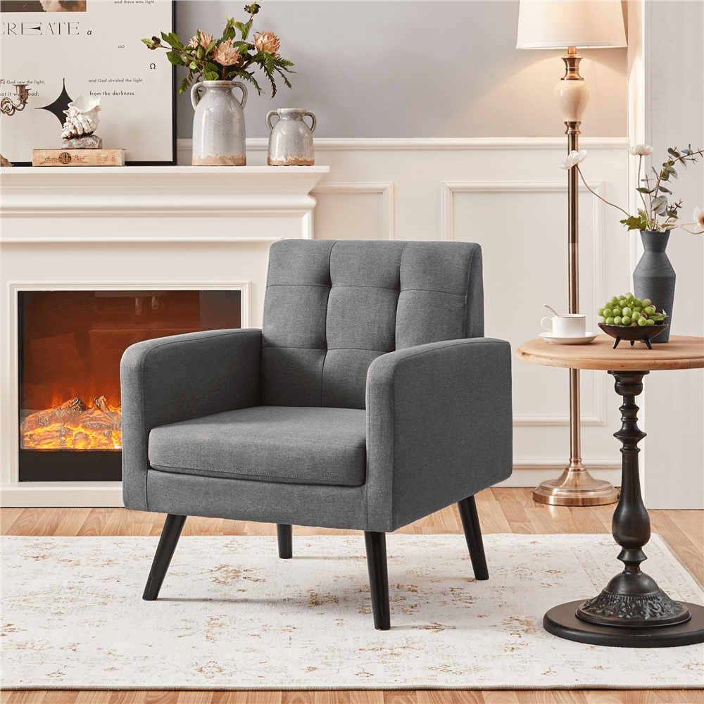 Alden Design Modern Tufted Accent Arm Chair with Rubber Wood Leg for Living Room, Dark Gray