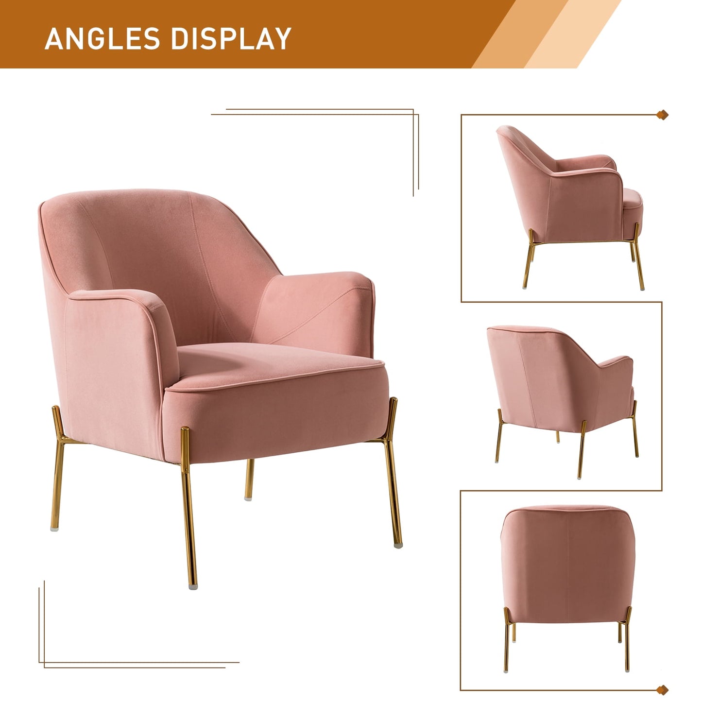Velvet Upholstered Accent Chair Metal Legs Curved Backrest Lounge Home Armchair Bedroom Adult Pink