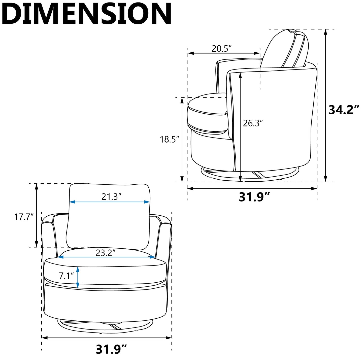 Aukfa 32in Wide Swivel Barrel Chair Accent Chair Read Chair for Living Room Bedroom, Chenille, Black