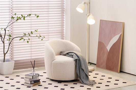 360?¡Þ Swivel Teddy Barrel Chair, Tufted-Back Armchair for Living Room, Bedroom - Ivory