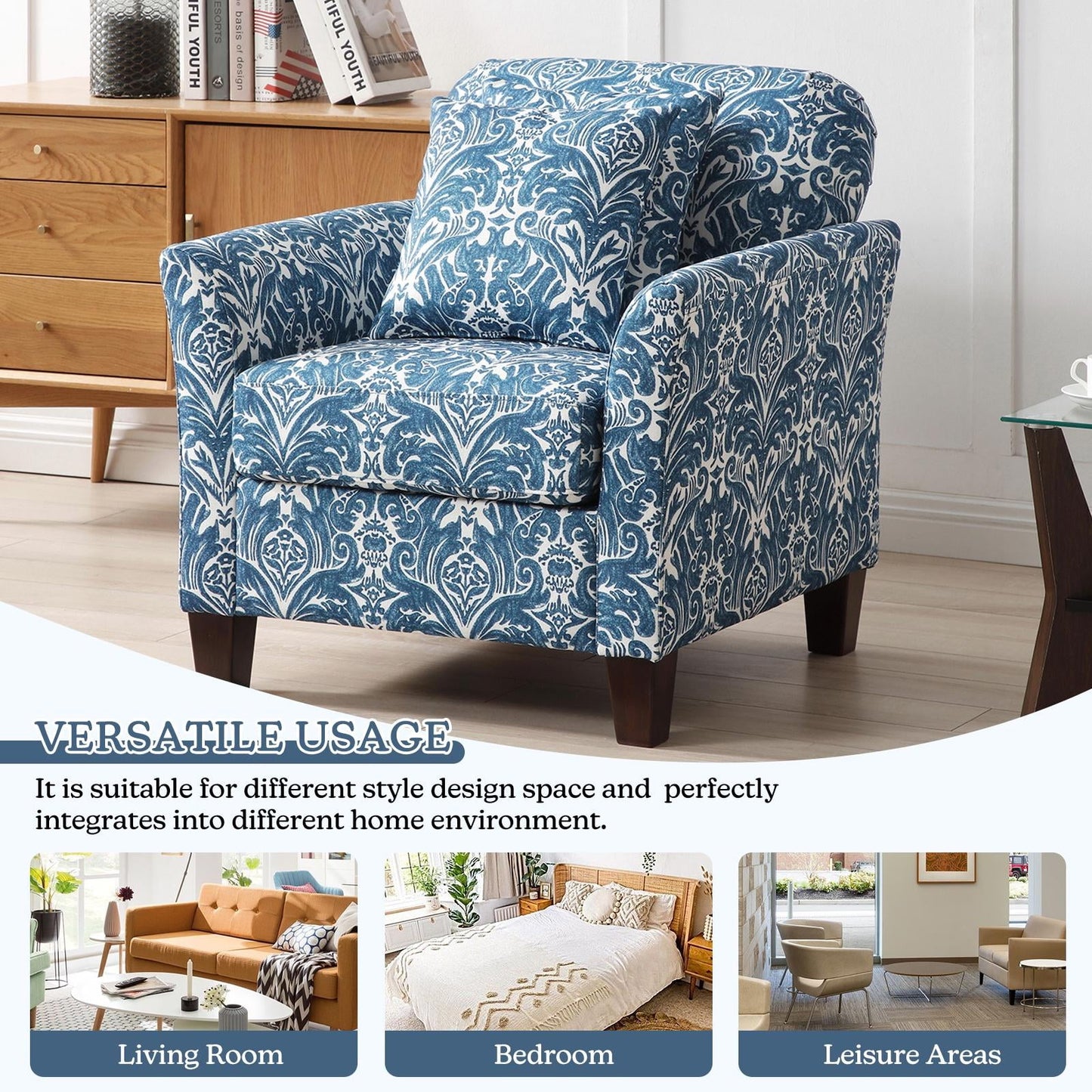 Accent Chair Upholstered Armchair with 2 Throw Lumbar Pillows Fabric Club Lounge Sofa Wood Leg Living Bedroom Home Office Indigo