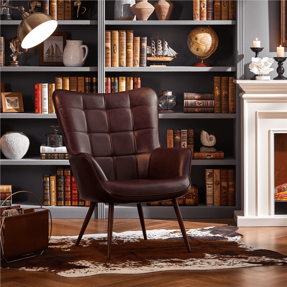 Alden Design Mid-Century Modern Faux Leather Wingback Accent Chair, Chestnut Brown
