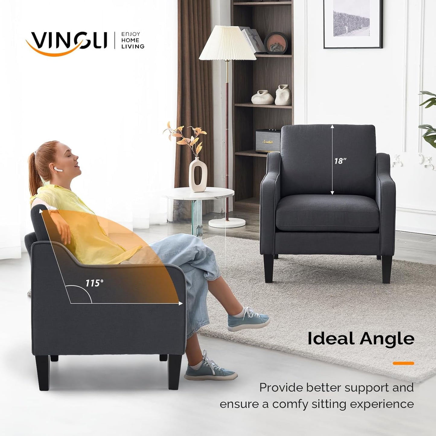 VINGLI Set of 2 Modern Comfy Grey Accent Arm Chairs for Bedroom/Living Room, Small Spaces