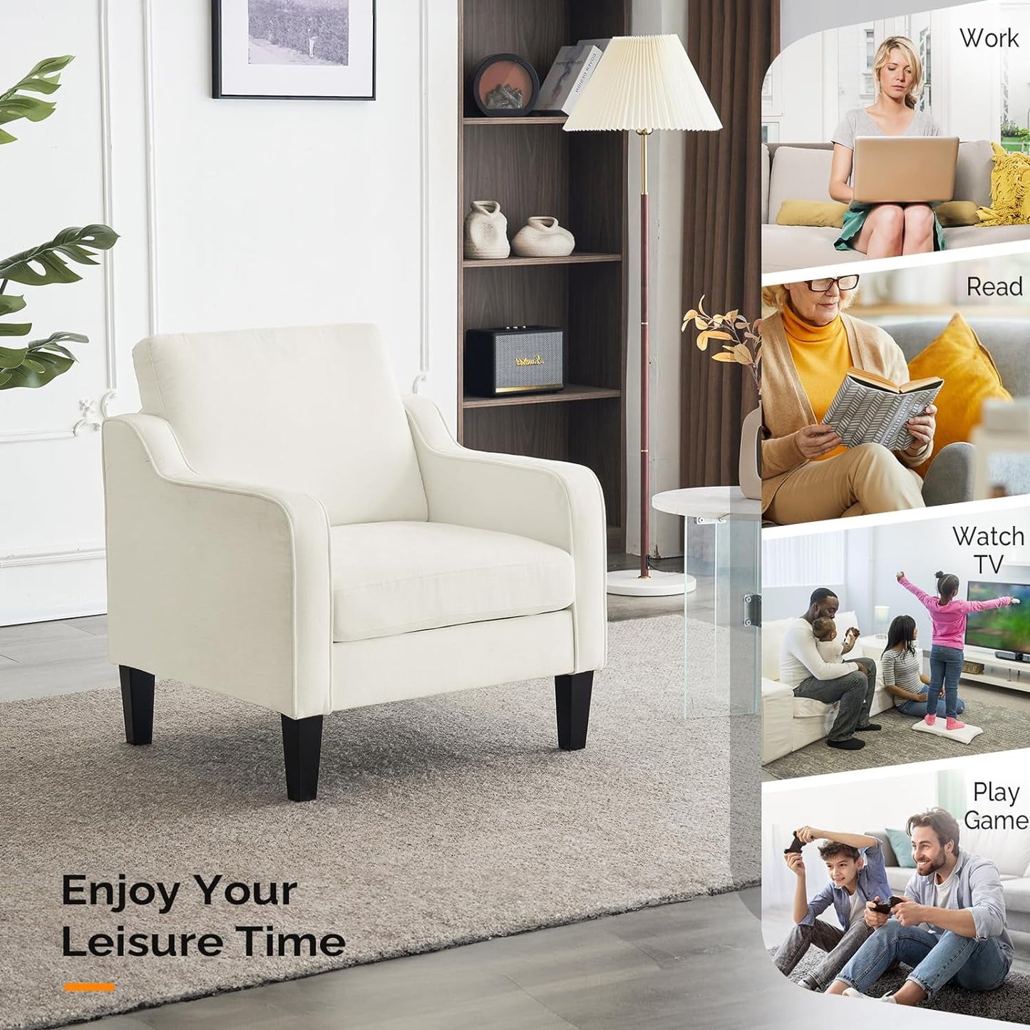 VINGLI Living Room Chairs White Accent Chair Soft Chenille Comfy Arm Chair Mid Century Modern Sofa Chair for Small Spaces Bedroom, Home Offfice, Apartment, Lounge