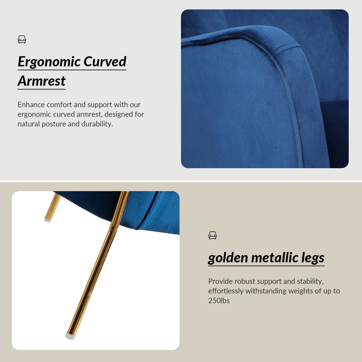 Velvet Upholstered Accent Chairs Set of 2 Metal Legs Curved Backrest Armchairs Bedroom Adult Navy