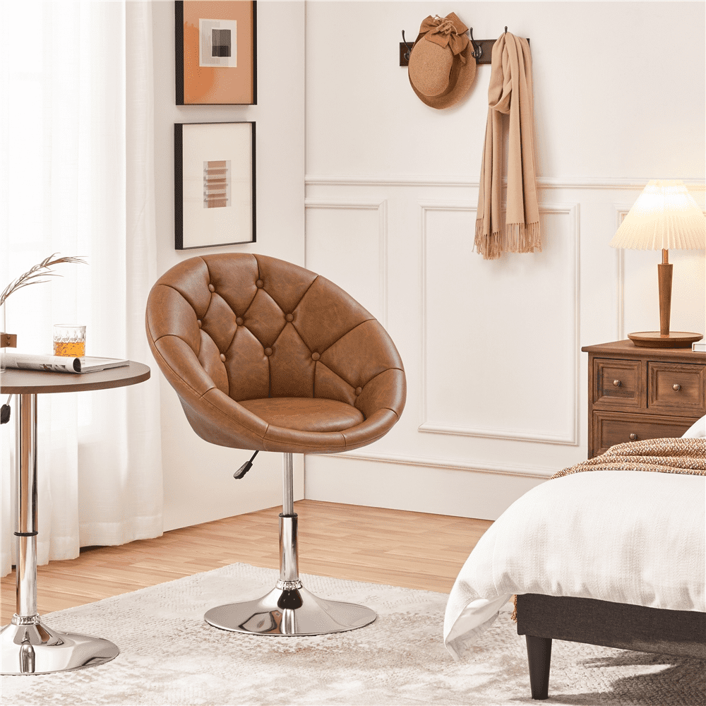 Alden Design Modern Tufted Adjustable Barrel Swivel Accent Chair, Retro Brown Faux Leather