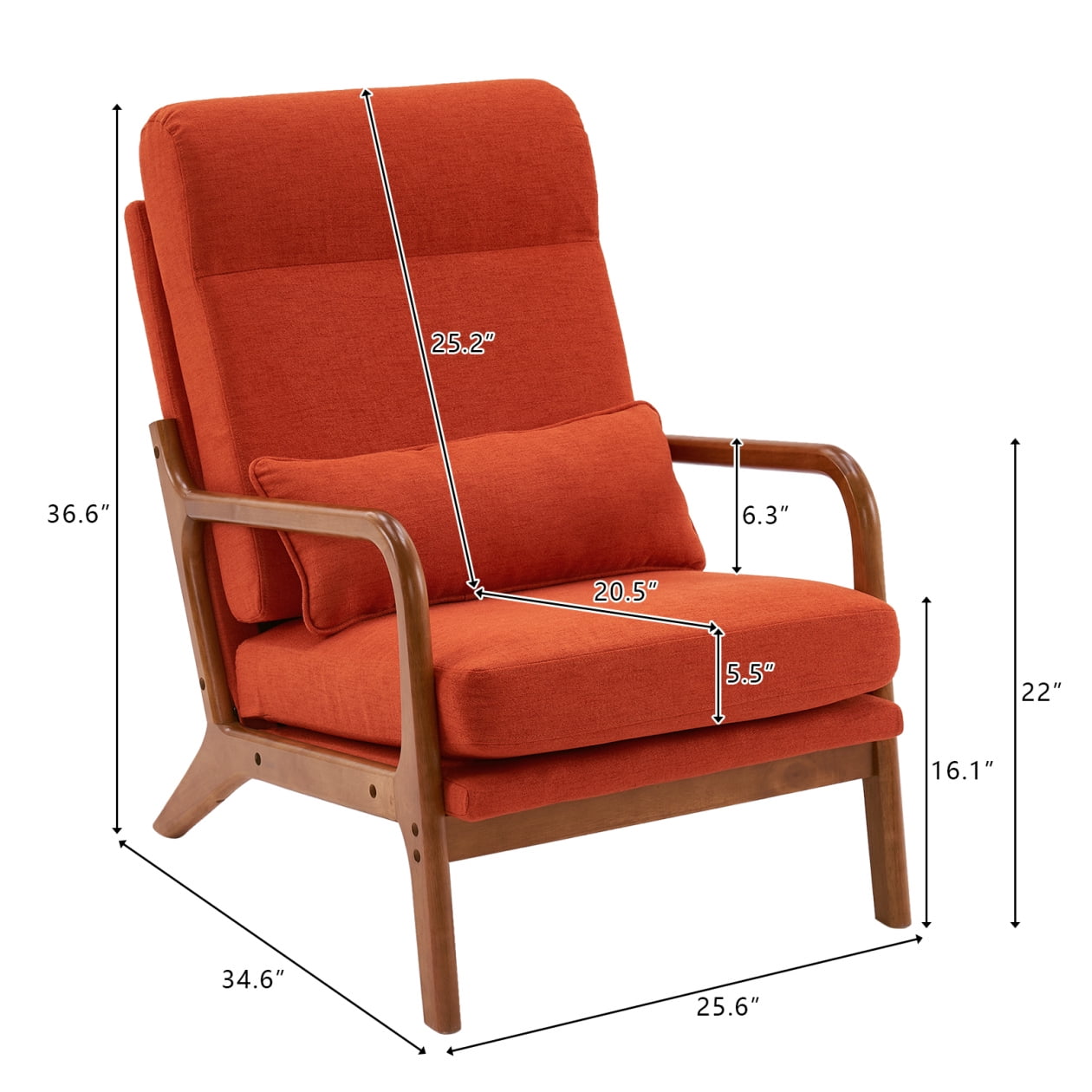 Accent Chair with Cushion, Mid-Century Modern High Back Reading Armchair with Wood Armrest, Upholstered Linen Lounge Chair Solid Wood Side Chair for Living Room Bedroom Apartment, Orange
