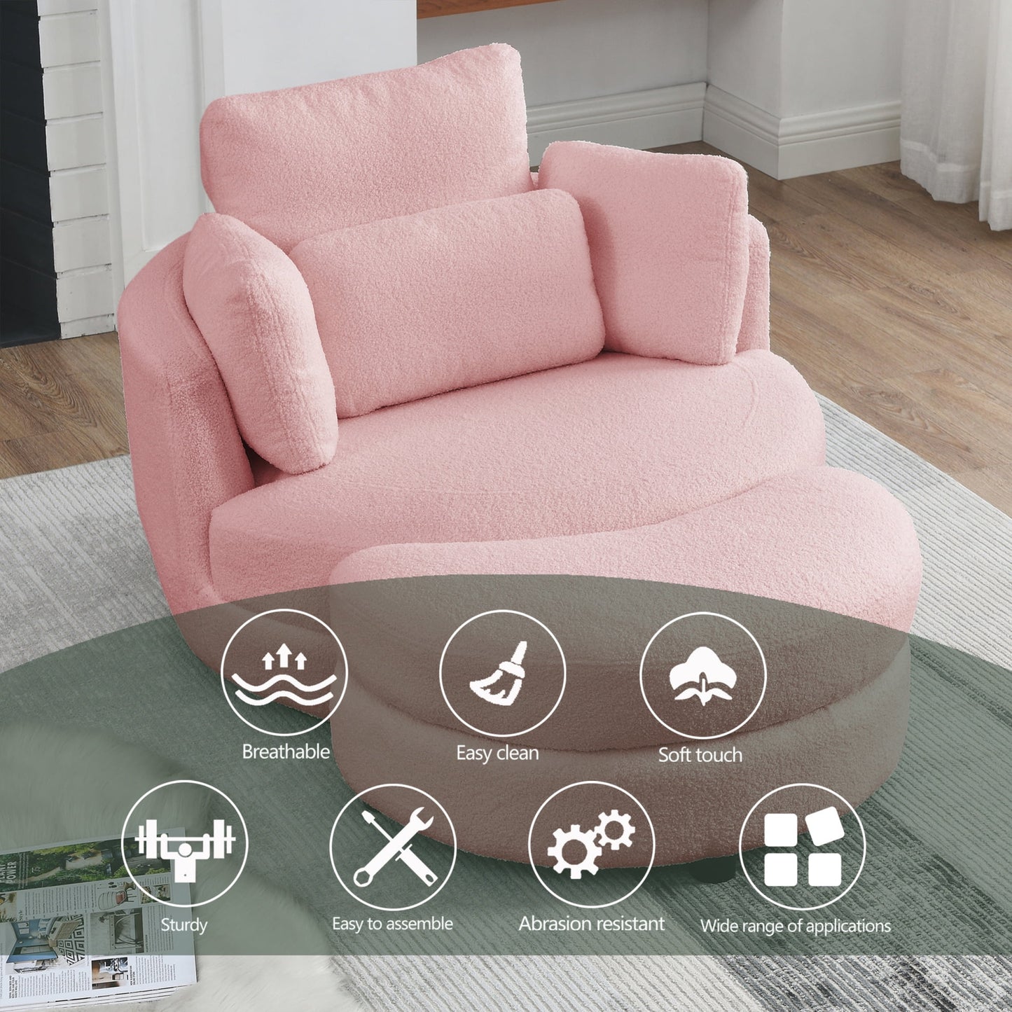 39inW Oversized Swivel Chair with Storage Ottoman and 4 Pillows, Swivel Barrel Chair for Living Room,Round Teddy Fabric Modern Accent Round Loveseat, Armchair Sofa Lounger for Bedroom,Grey Teddy