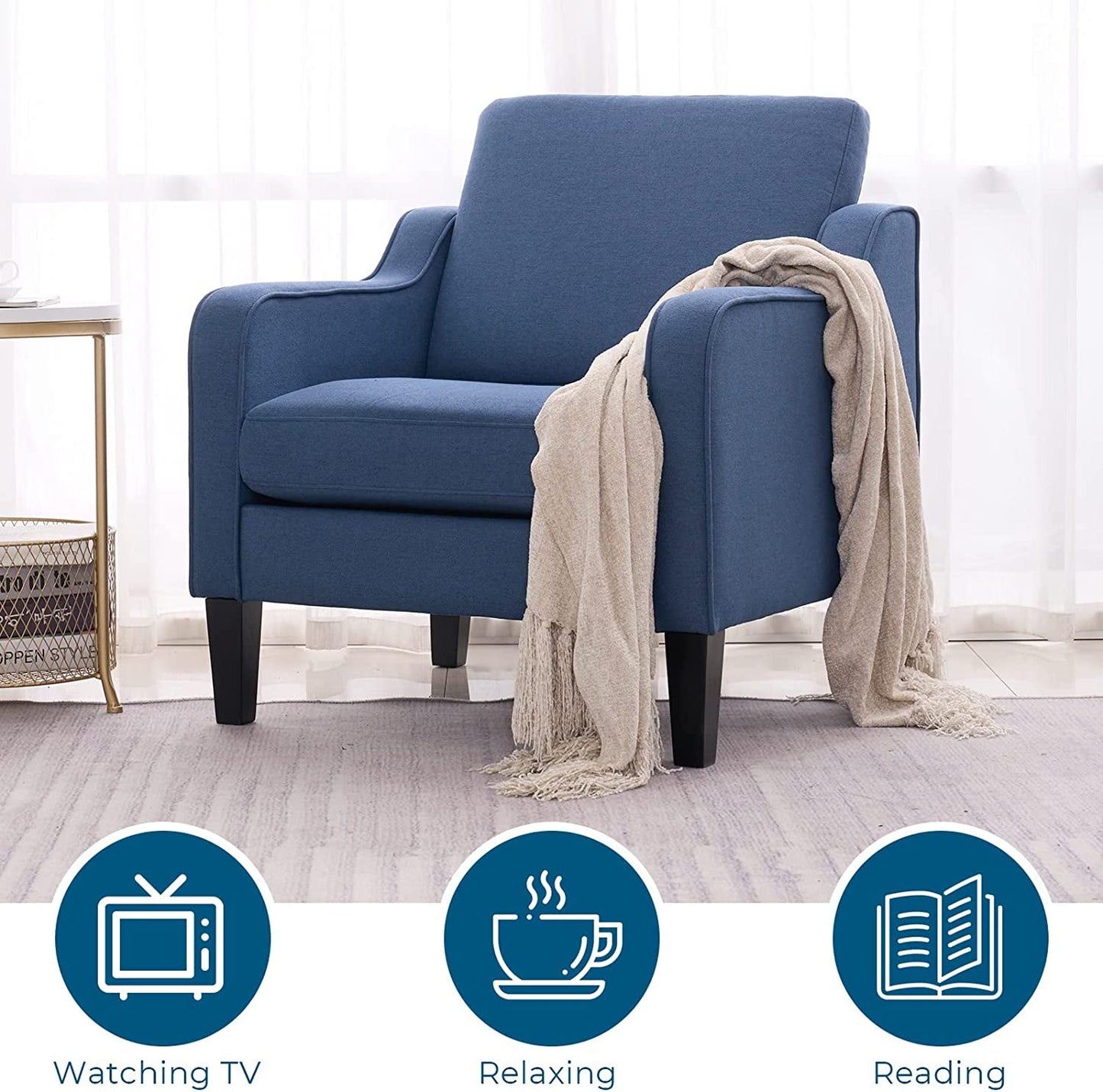 VINGLI Modern Accent Chairs Set of 2,Comfy Blue Armchair for Bedroom,Living Room Upholstered Sofa Chair Reading Chair for Small Spaces