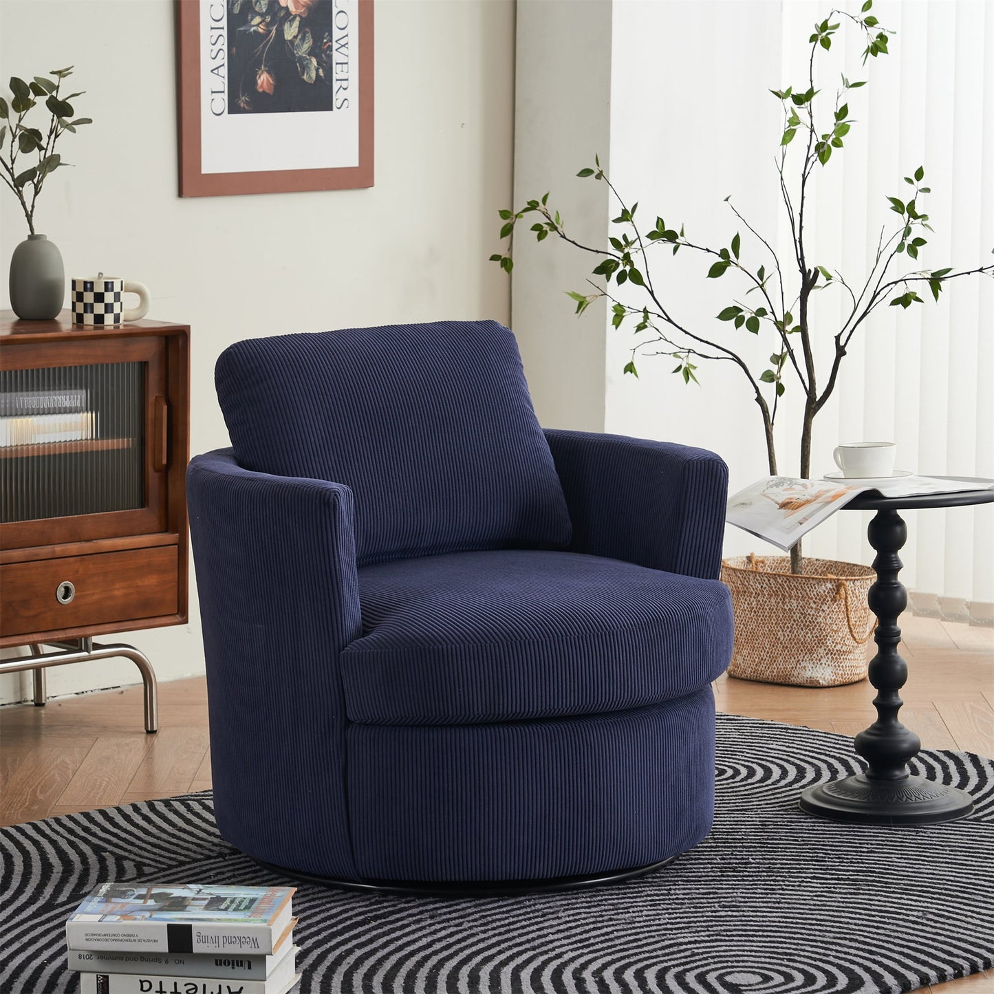 Aukfa 32in Swivel Accent Chair Barrel Chair with Pillow for Living Room Bedroom, Corduroy, Blue