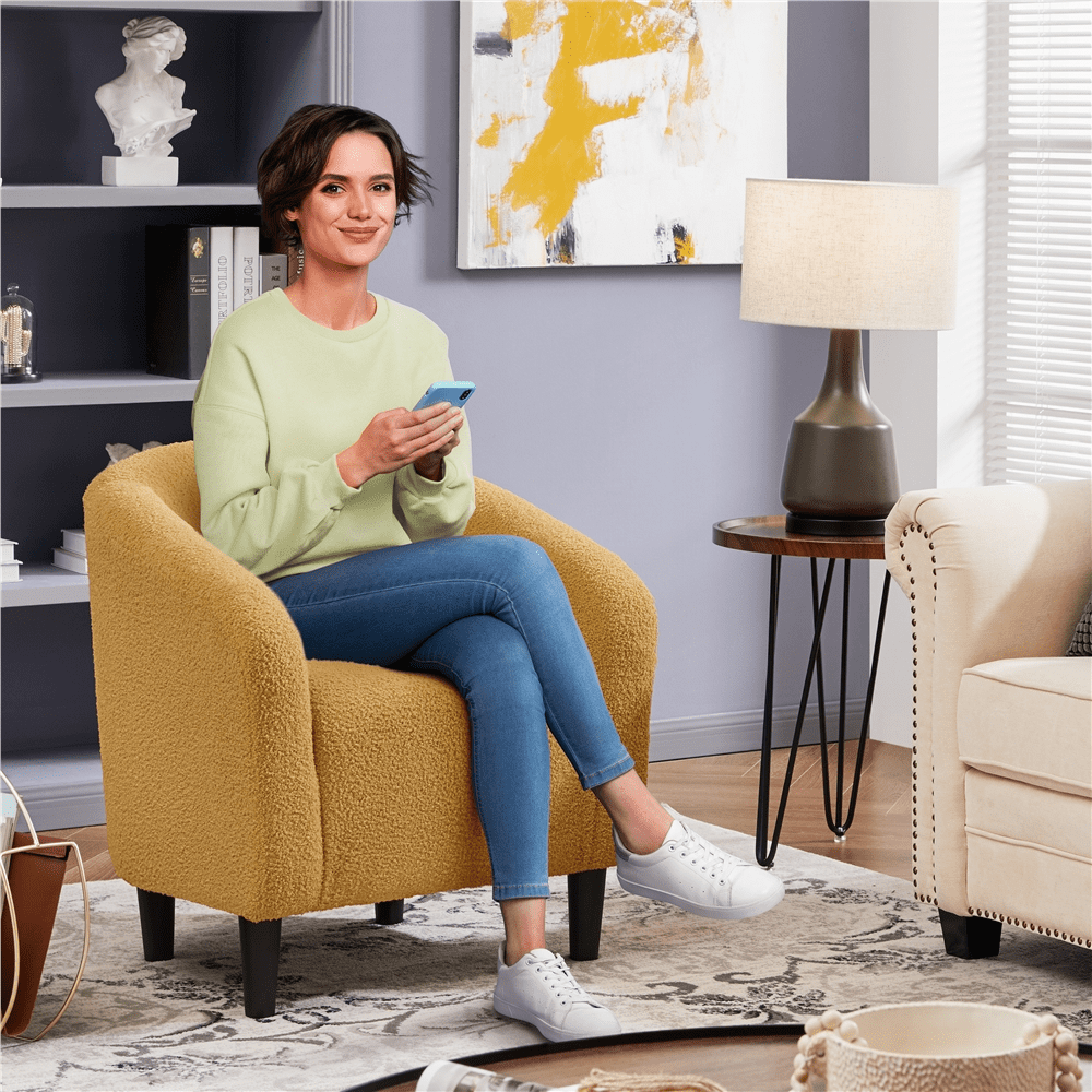 Yaheetech Set of 2 Upholstered Boucle Club Chair Accent Barrel Chair,Mustard Yellow