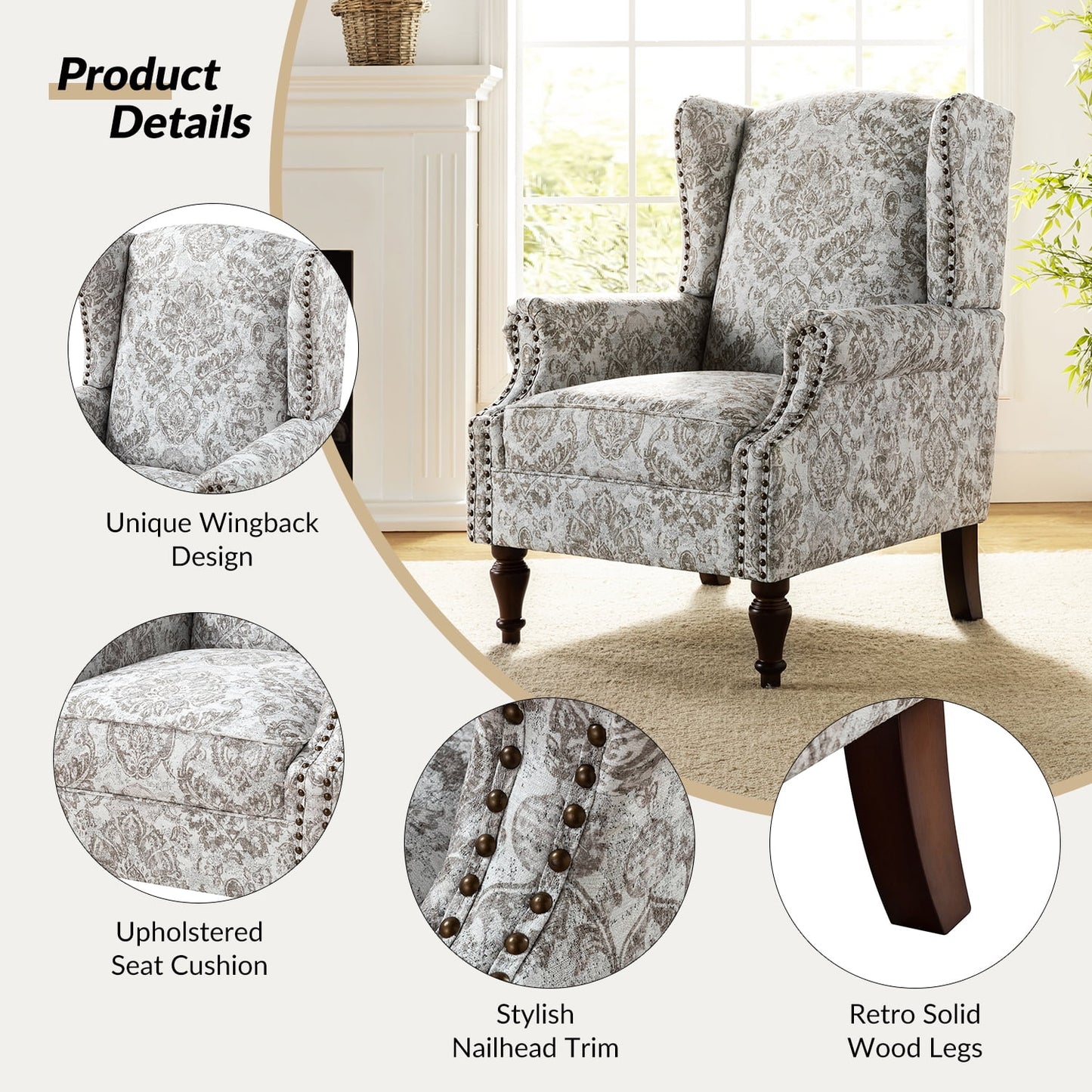 Wingback Accent Chair with Floral Pattern, Traditional Fabric Armchair Nailhead Trim Wooden Legs for Living Room Bedroom Beige