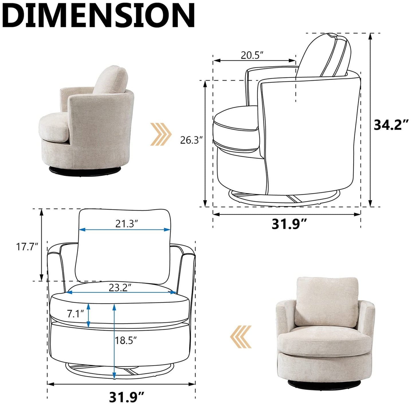 Aukfa 32in Wide Swivel Barrel Chair Accent Chair with Pillow for Living Room Bedroom, Chenille, Beige