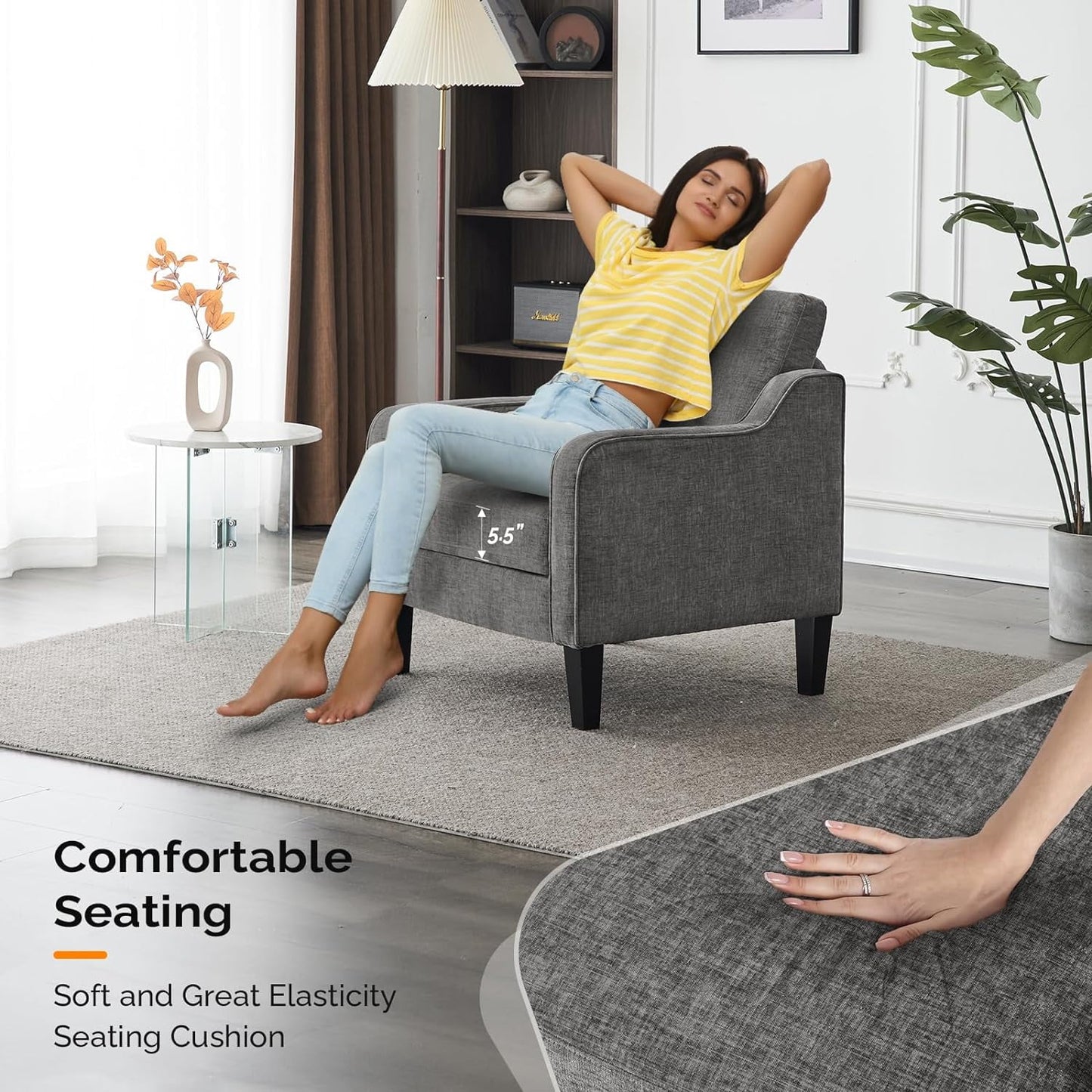 VINGLI High Back, Large Arm, Wide Chair, Grey Chenille Upholstered Armchair for Home Office, Apartment