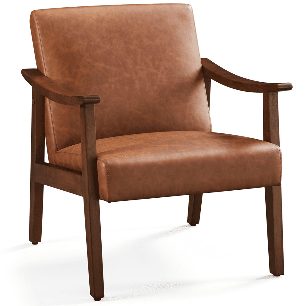 Alden Design Mid-Century Modern Accent Chair with Wooden Frame, Warm Brown Faux Leather