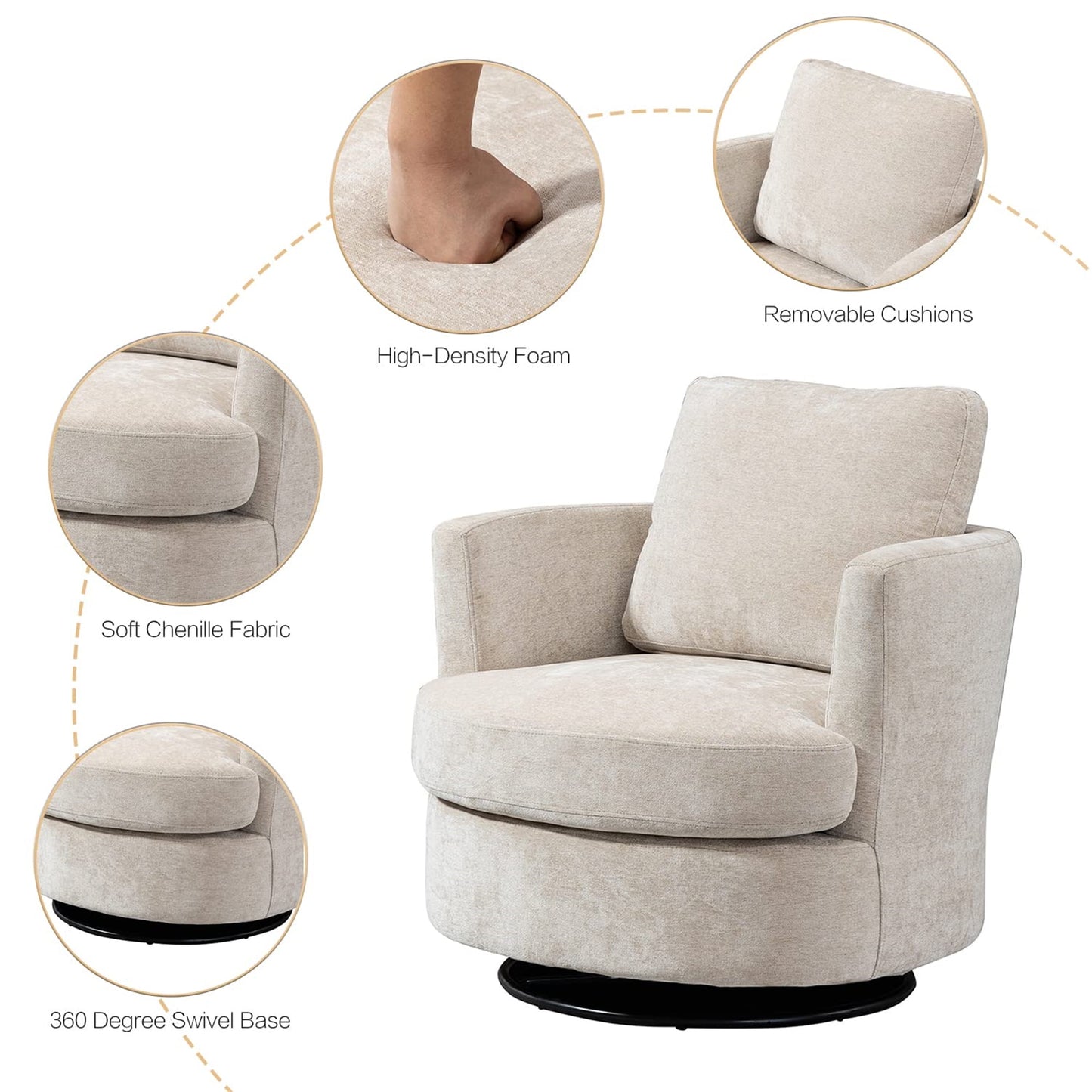 Aukfa 32in Wide Swivel Barrel Chair Accent Chair with Pillow for Living Room Bedroom, Chenille, Beige