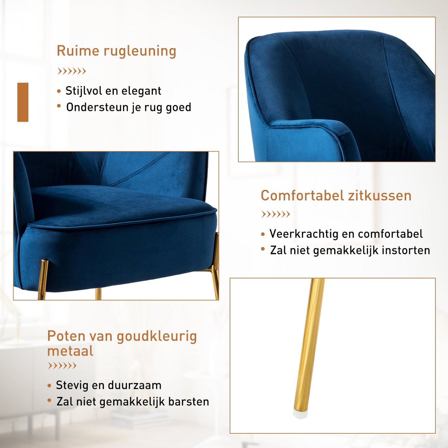 Velvet Upholstered Accent Chairs Set of 2 Metal Legs Curved Backrest Armchairs Bedroom Adult Navy