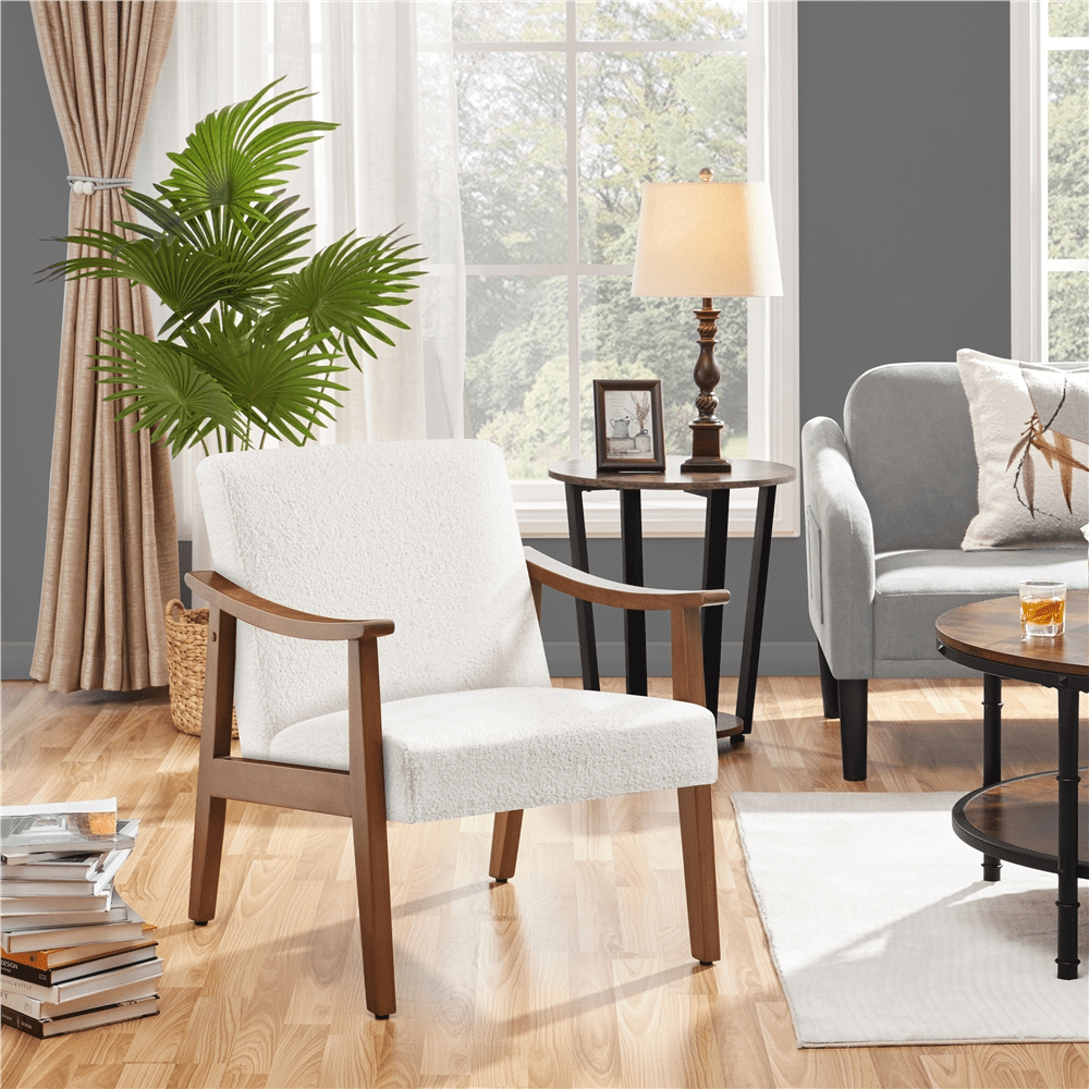 Alden Design Mid-Century Modern Accent Chair with Wooden Frame, Ivory Boucle Fabric