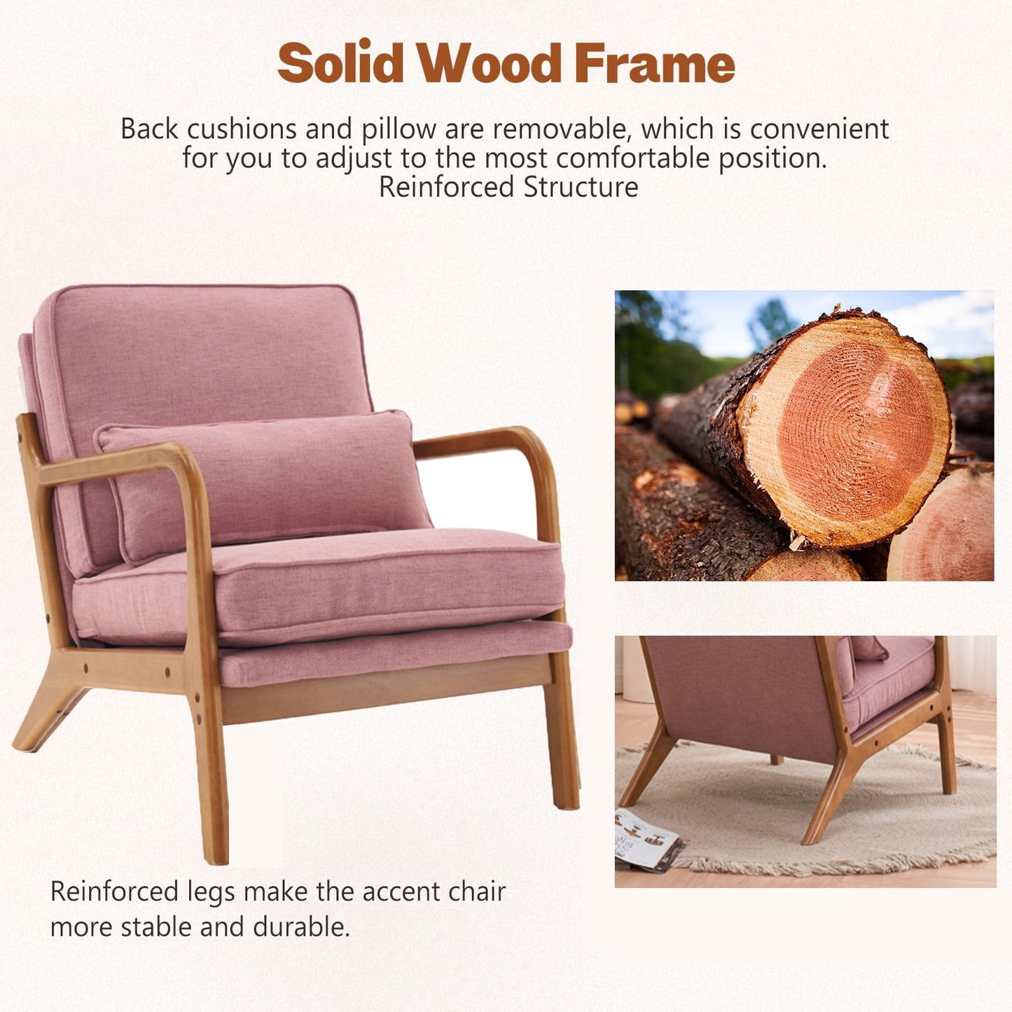 Accent Chairs, Single Linen Lounge Reading Armchair with Solid Wood Frame, Mid Century Modern Easy Assembly Arm Chairs for Living Room-Pink