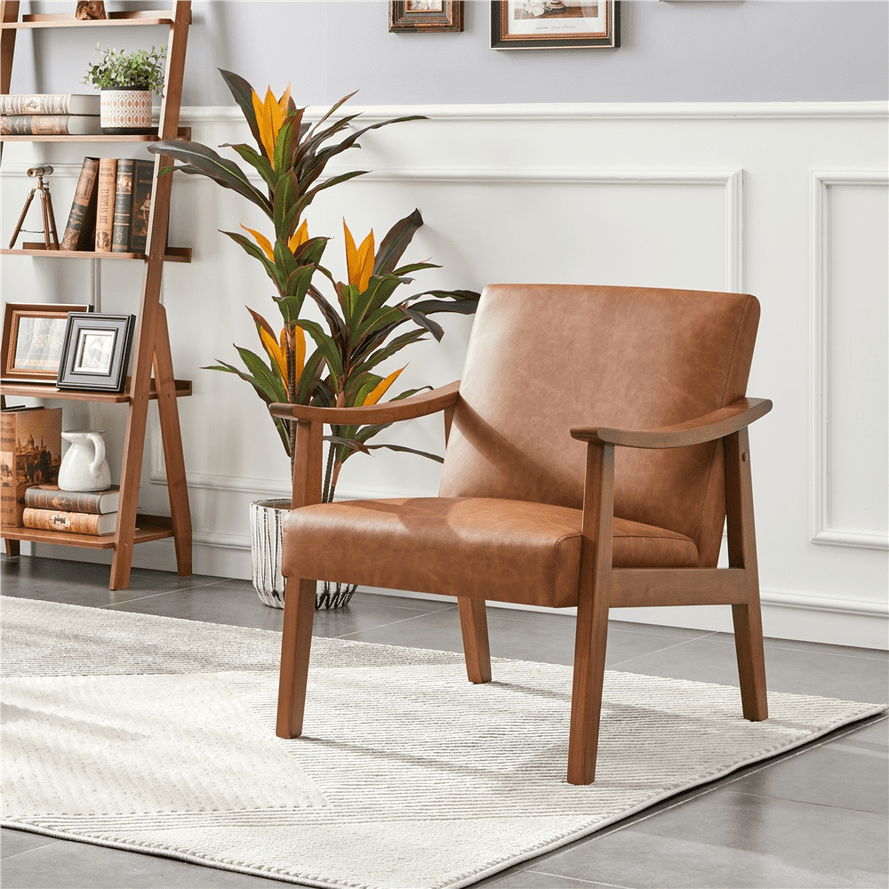Alden Design Mid-Century Modern Accent Chair with Wooden Frame, Light Brown Faux Leather
