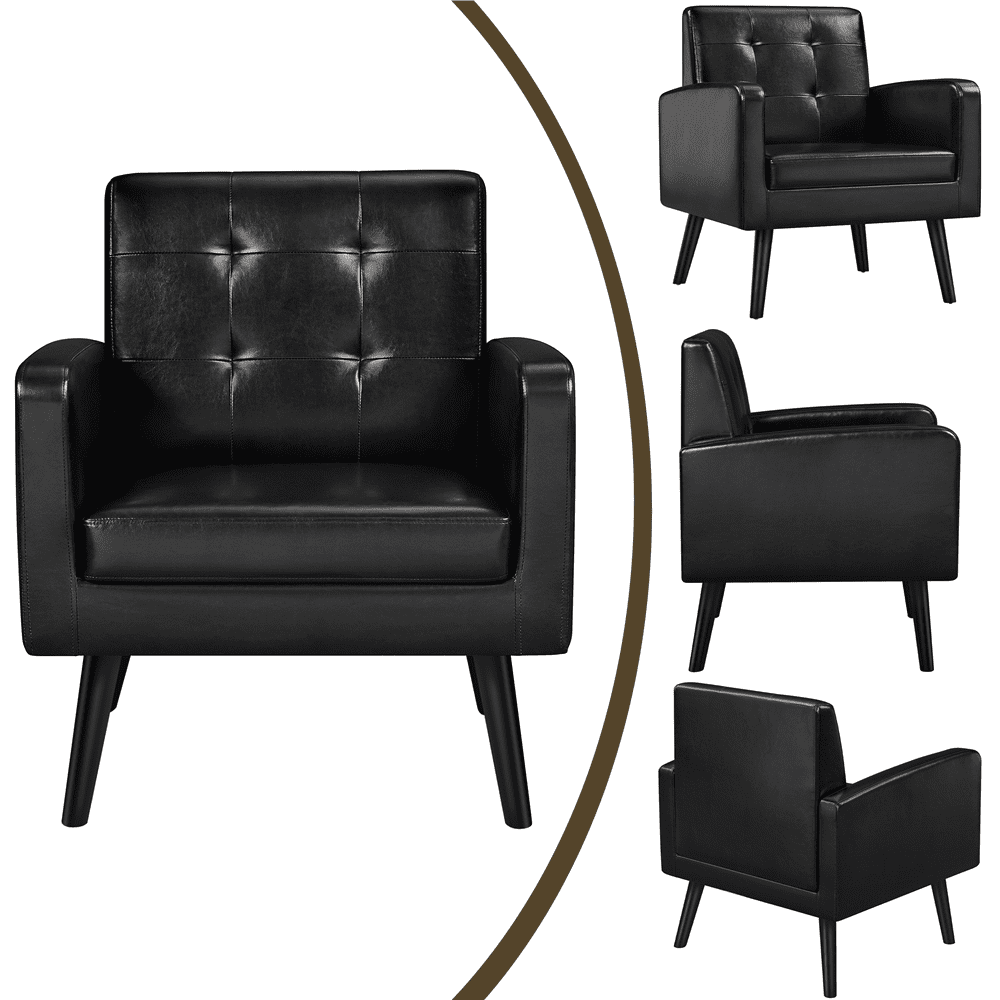 Alden Design Mid Century Faux Leather Tufted Accent Chair for Living Room, Black