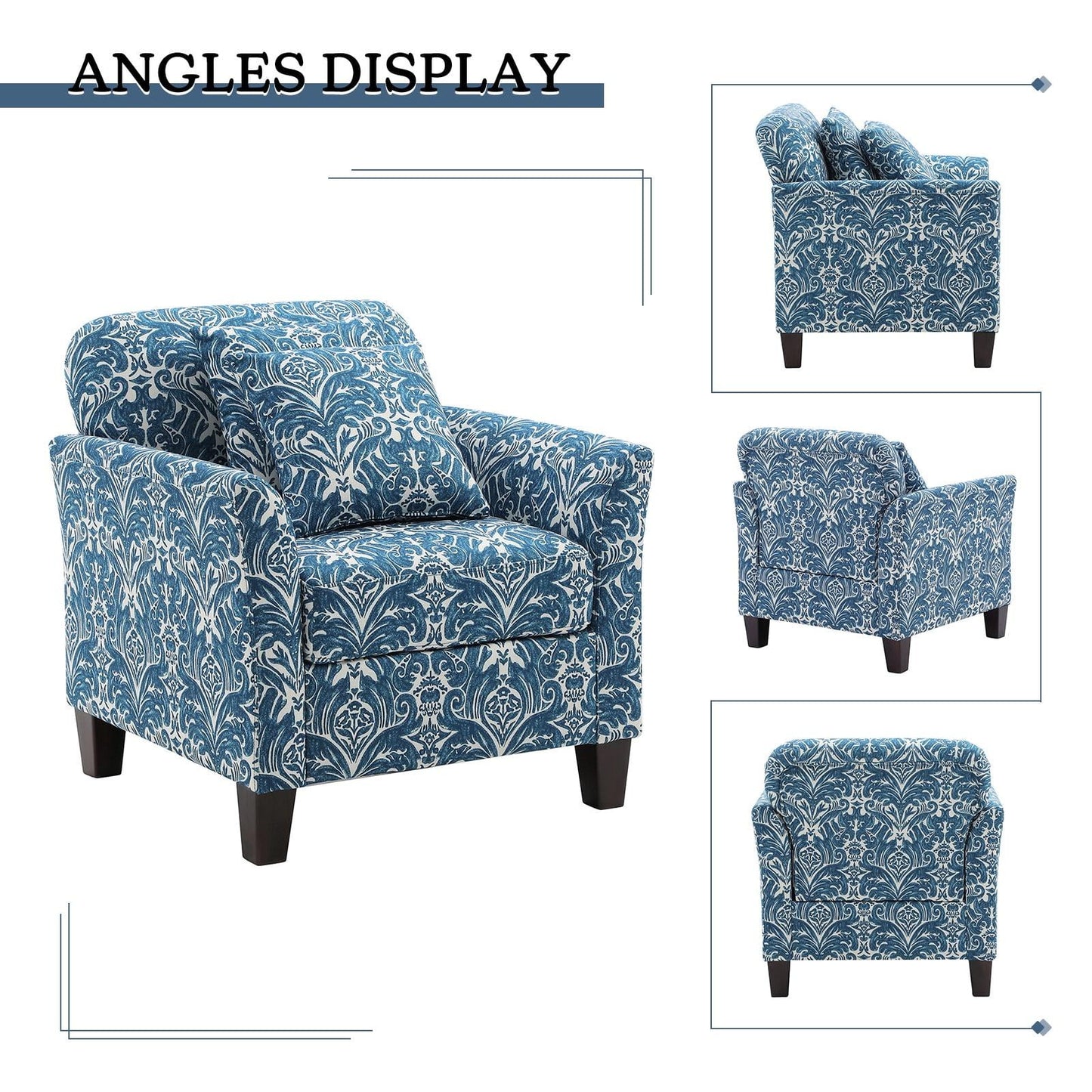 Accent Chair Upholstered Armchair with 2 Throw Lumbar Pillows Fabric Club Lounge Sofa Wood Leg Living Bedroom Home Office Indigo