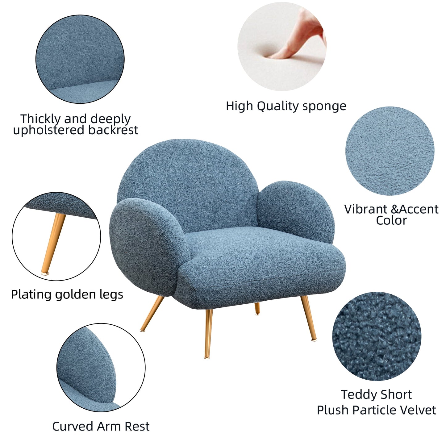 XINMICS Blue Accent Chair, Modern Upholstered Reading Chair for Living Room