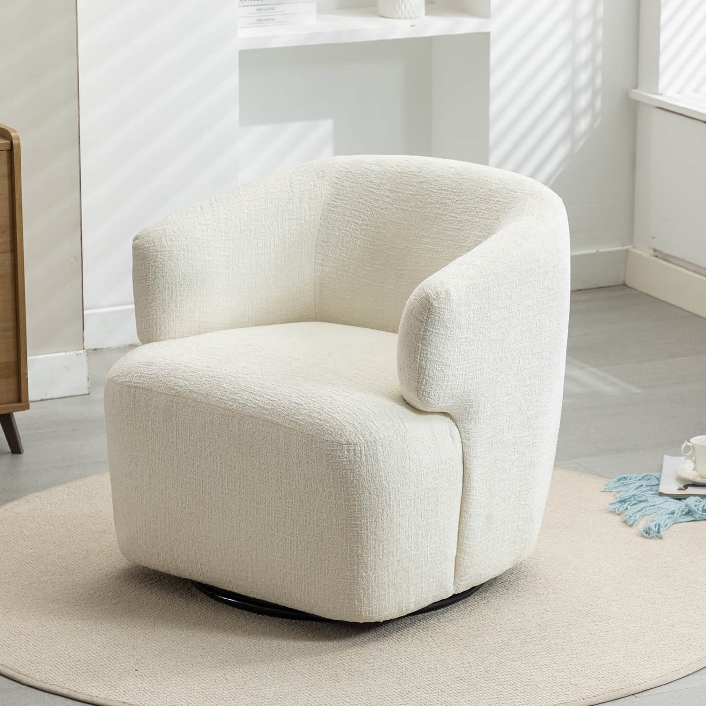 30in Wide Chenille Upholstered Swivel Accent Chair Boucle Swivel Barrel Chair