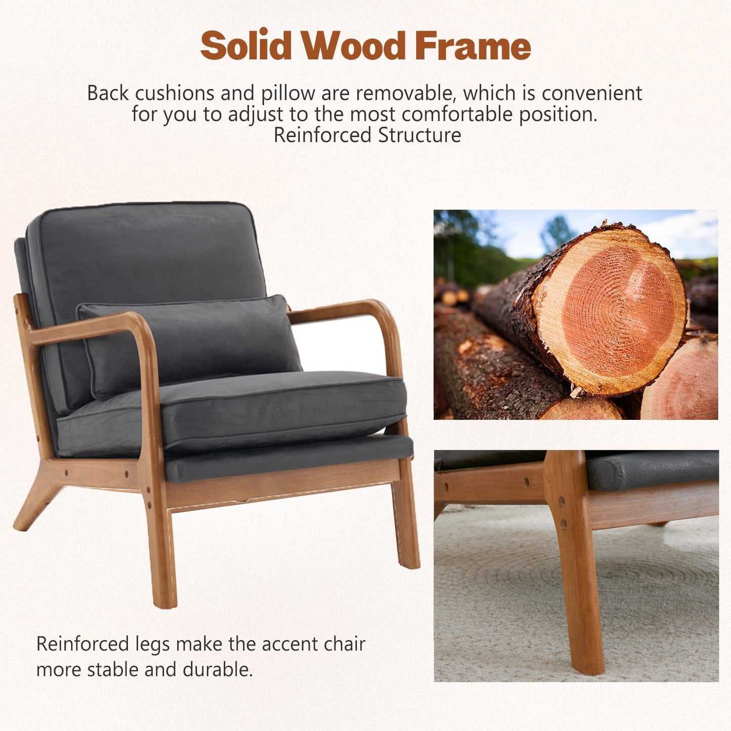 Accent Chairs, Single Bronzing Cloth Lounge Reading Armchair with Solid Wood Frame, Mid Century Modern Arm Chairs for Living Room, Bedroom (Dark Gray)