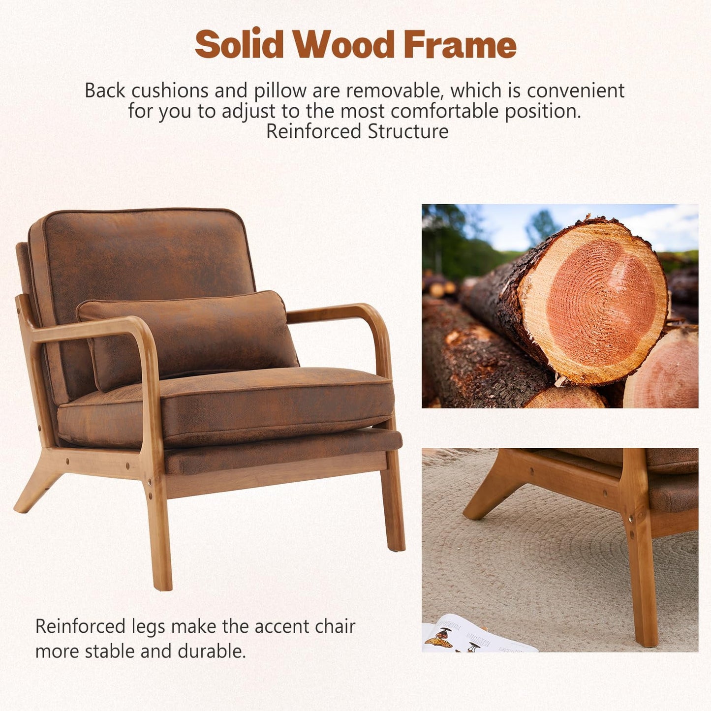 Accent Chairs, Single Bronzing Cloth Lounge Reading Armchair with Solid Wood Frame, Mid Century Modern Arm Chairs for Living Room, Bedroom-Brown