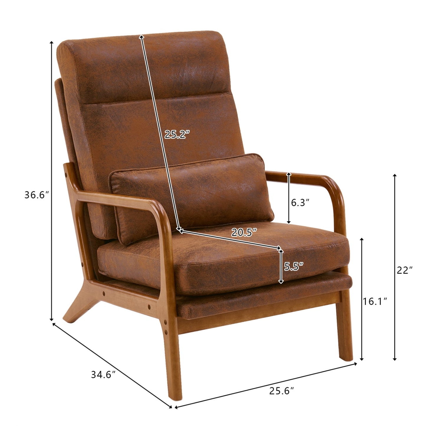Accent Chair with Cushion, Mid-Century Modern High Back Reading Armchair with Wood Armrest, Upholstered Bronzing Cloth Lounge Chair Solid Wood Side Chair for Living Room Bedroom Apartment, Brown