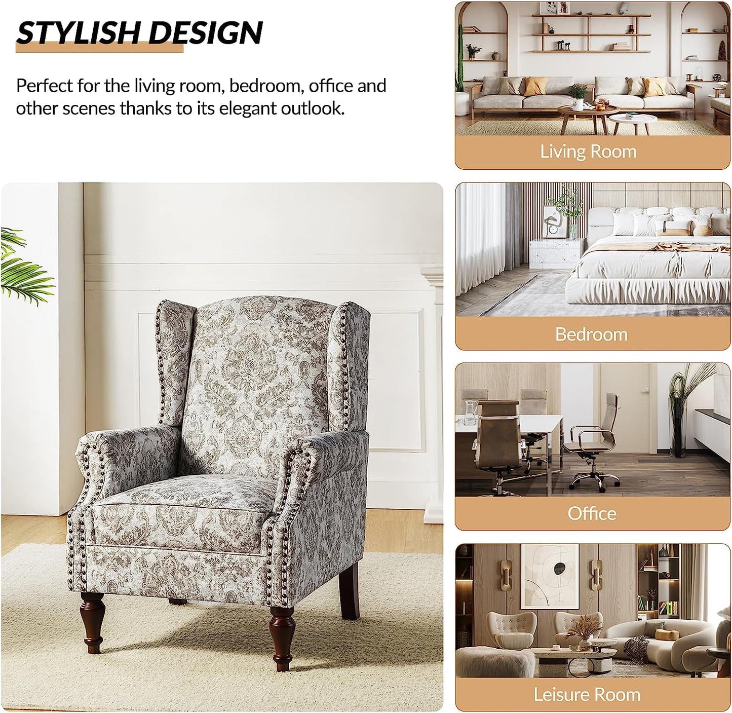 Wingback Accent Chair with Floral Pattern, Traditional Fabric Armchair Nailhead Trim Wooden Legs for Living Room Bedroom Beige