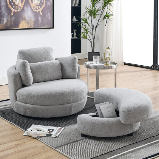 39inW Oversized Swivel Chair with Storage Ottoman and 4 Pillows, Swivel Barrel Chair for Living Room,Round Teddy Fabric Modern Accent Round Loveseat, Armchair Sofa Lounger for Bedroom,Grey Teddy