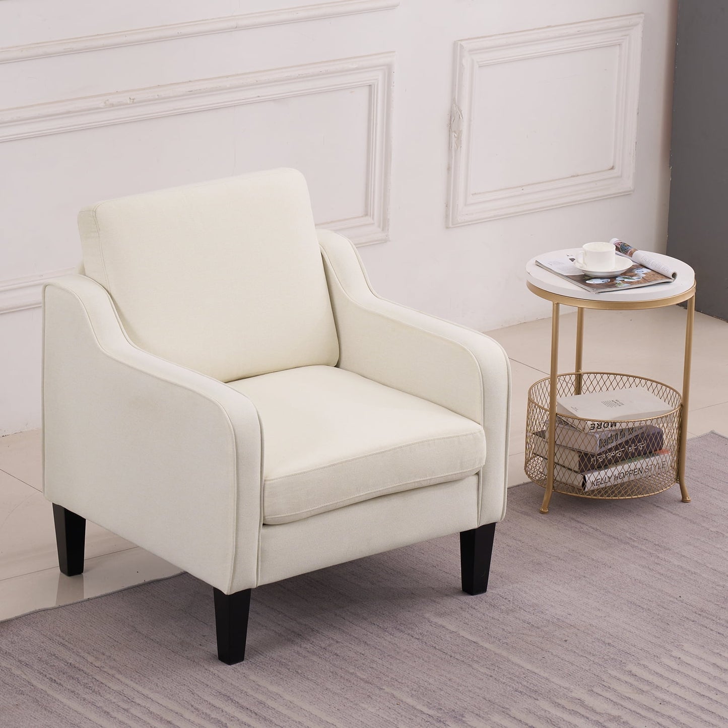 VINGLI Mid Century Modern Fabric Accent Chair,Beige for Living Room Upholstered Armchair with Scooped Arms for Bedroom,Apartment,Studio,Office,Waiting Room,Beige
