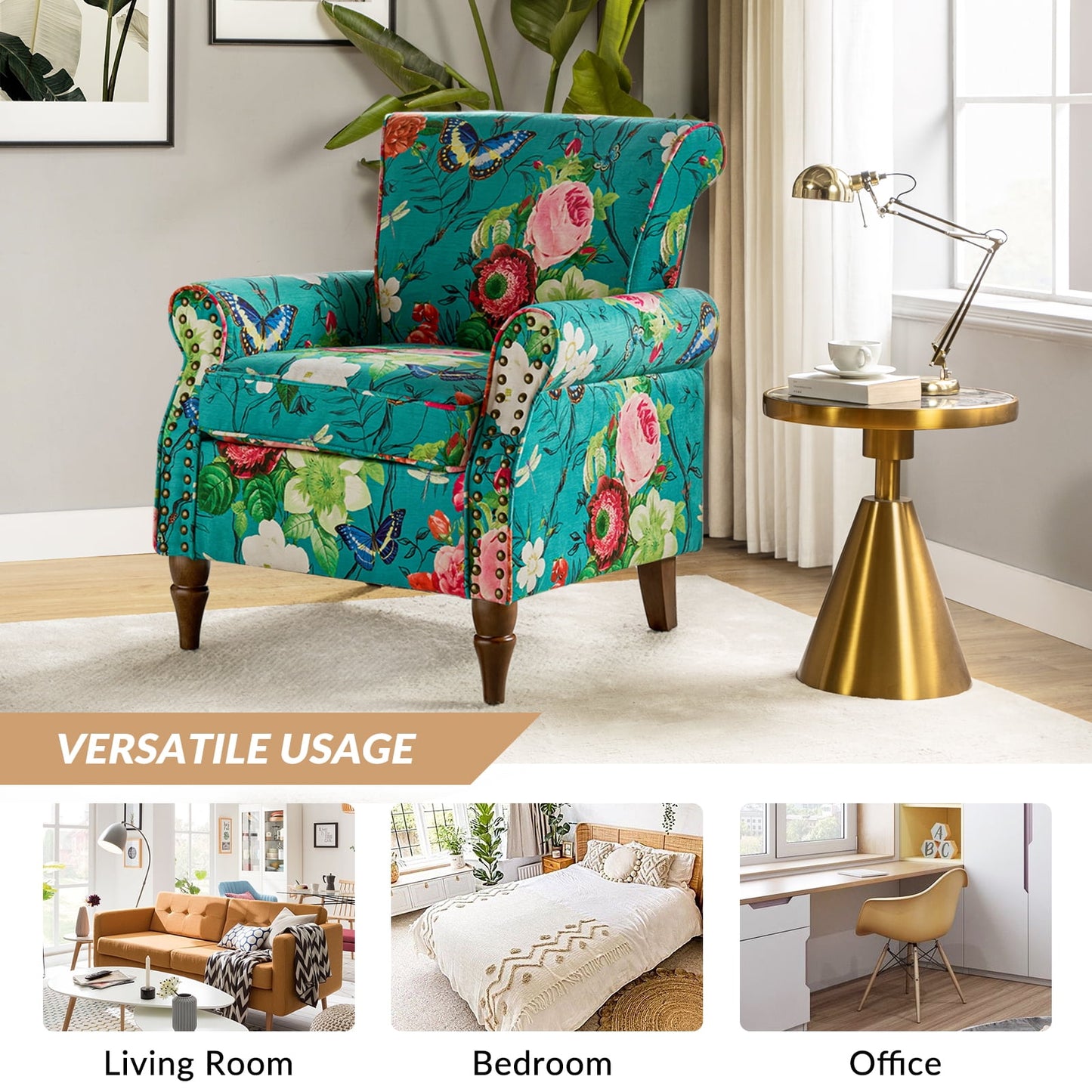 Wingback Armchair Removable Cushion Flower Butterfly Upholstered Sofa Home Accent Chair Couch Solid Wood Legs Blue