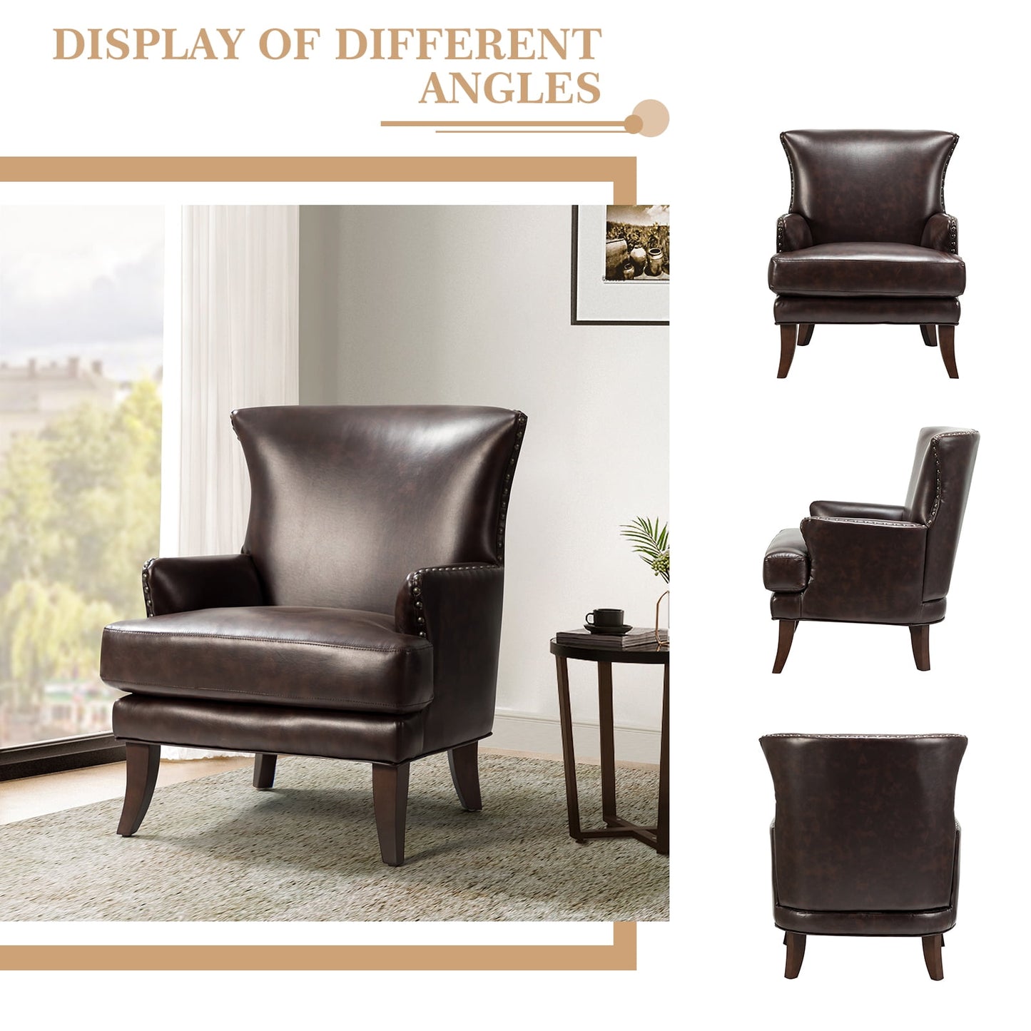 14 Karat Home Vegan Leather Accent Armchair, Upholstered Wingback with Nailhead Trim, Solid Wood Legs, Brown