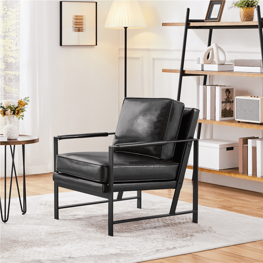 Alden Design Mid-Centyry Modern Accent Chair with Metal Frame, Black Faux Leather