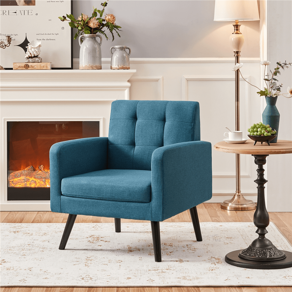 Alden Design Modern Tufted Accent Arm Chair with Rubber Wood Leg for Living Room, Navy Blue