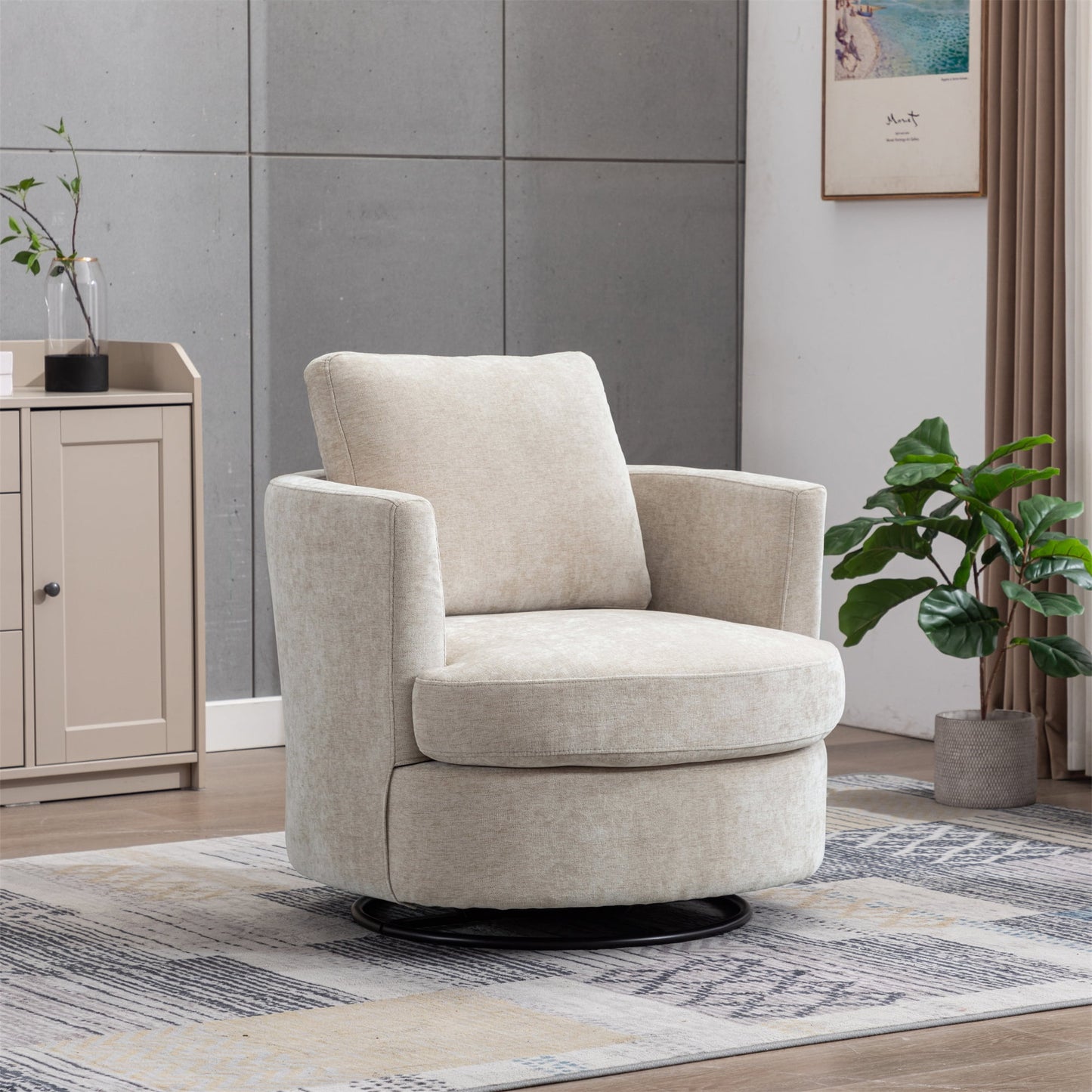 Aukfa 32in Wide Swivel Barrel Chair Accent Chair with Pillow for Living Room Bedroom, Chenille, Beige