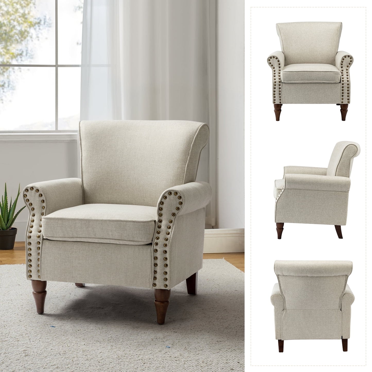 14 Karat Home Set of 2 Wingback Traditional Armchairs, Nailhead Trim, Oatmeal Fabric Upholstery & Wood Legs