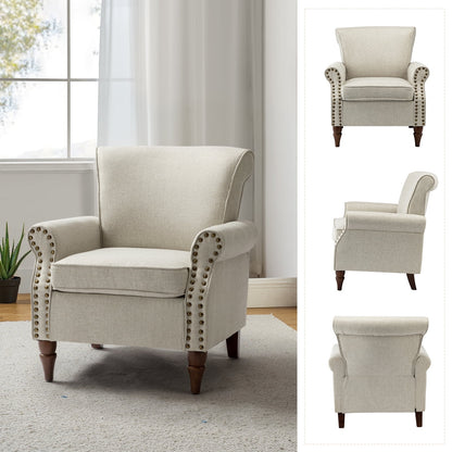 14 Karat Home Set of 2 Wingback Traditional Armchairs, Nailhead Trim, Oatmeal Fabric Upholstery & Wood Legs