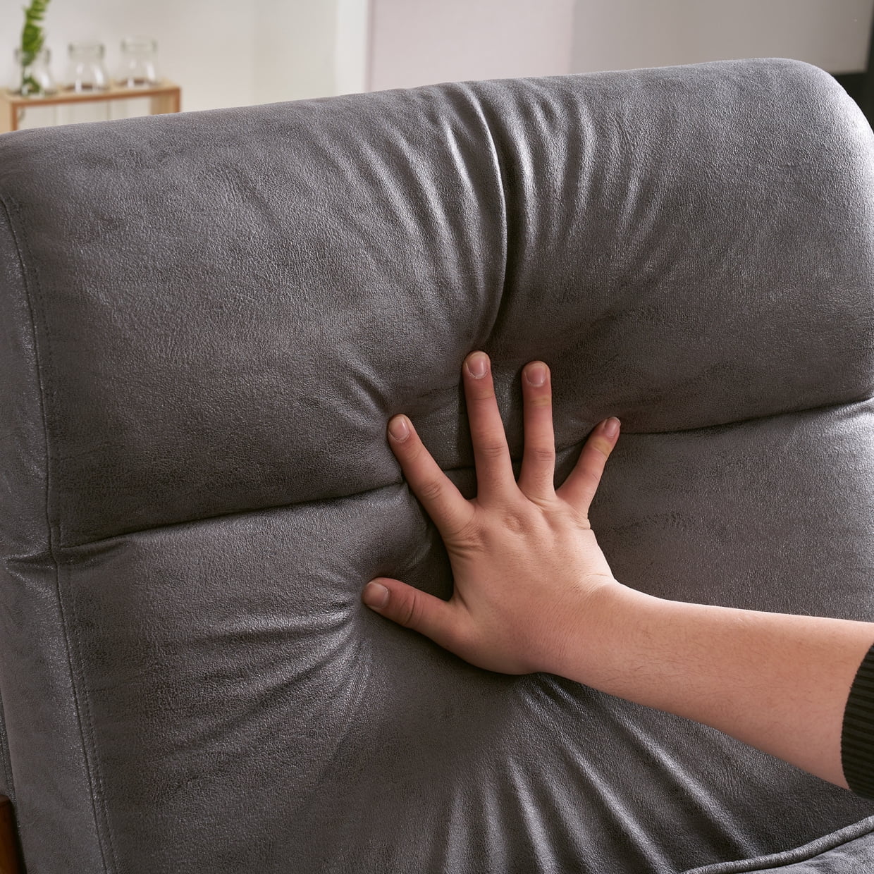 Accent Chair with Cushion, Mid-Century Modern High Back Reading Armchair with Wood Armrest, Upholstered Linen Lounge Chair Solid Wood Side Chair for Living Room Bedroom Apartment, Dark Gray