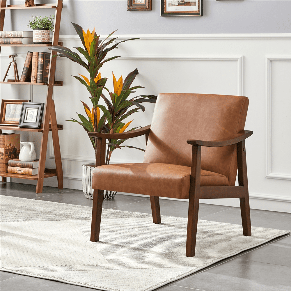 Yaheetech Mid-Century Upholstered Faux Leather Armchair with Solid Wood Legs,Brown