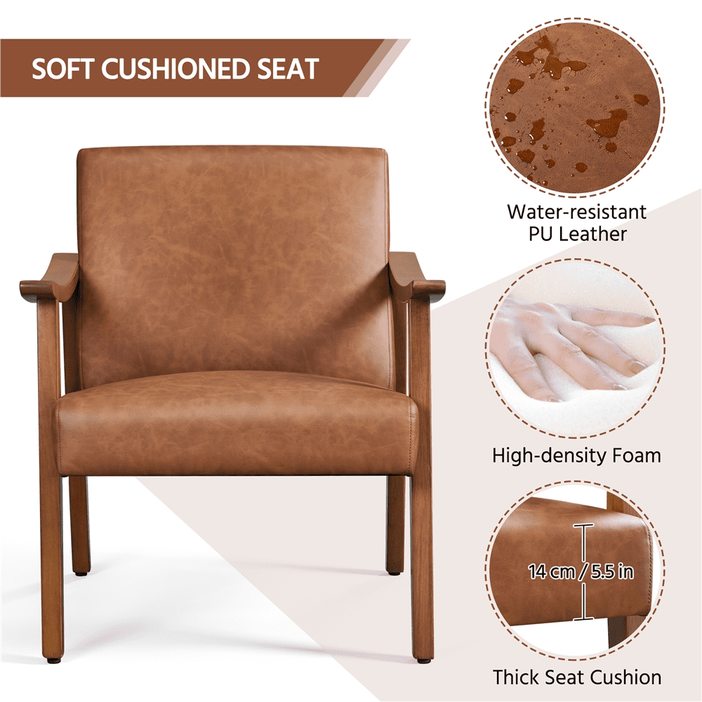 Alden Design Mid-Century Modern Accent Chair with Wooden Frame, Light Brown Faux Leather