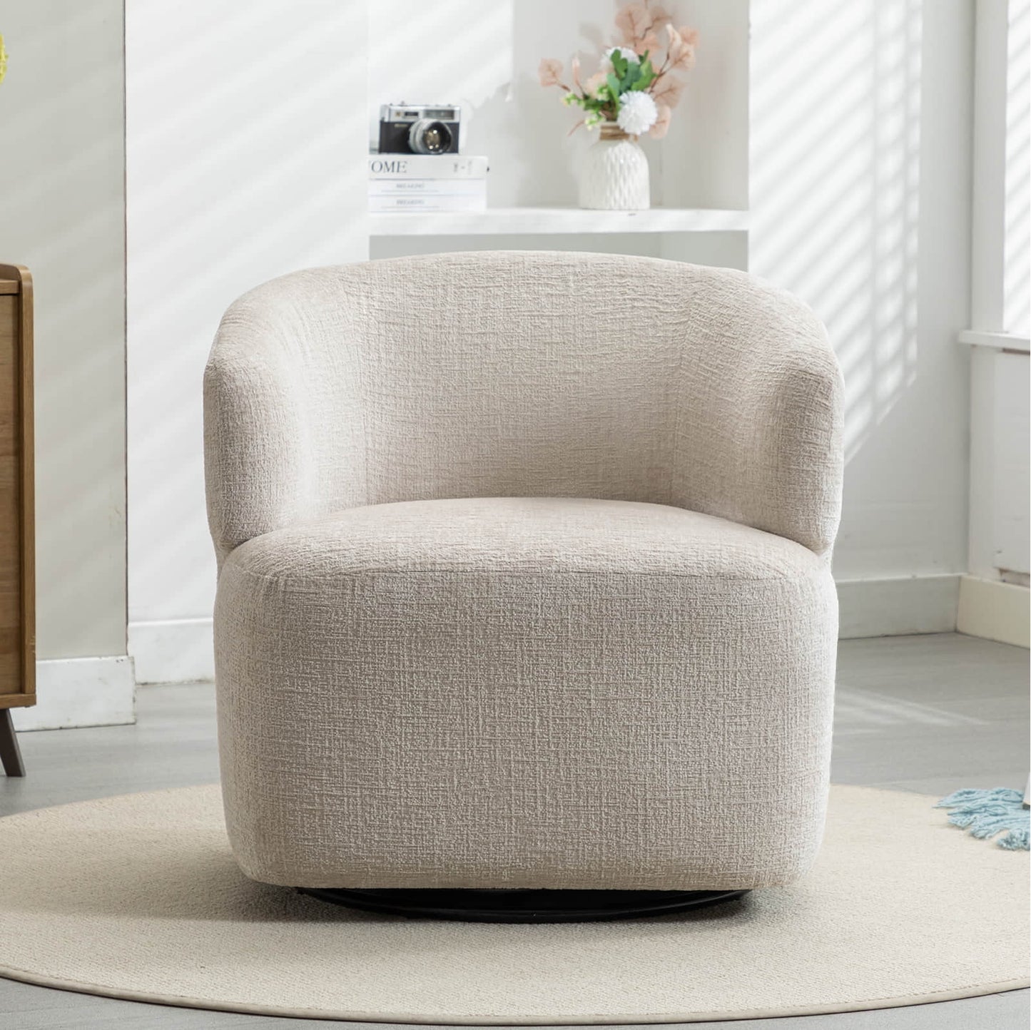 30in Wide Chenille Upholstered Swivel Accent Chair Boucle Swivel Barrel Chair