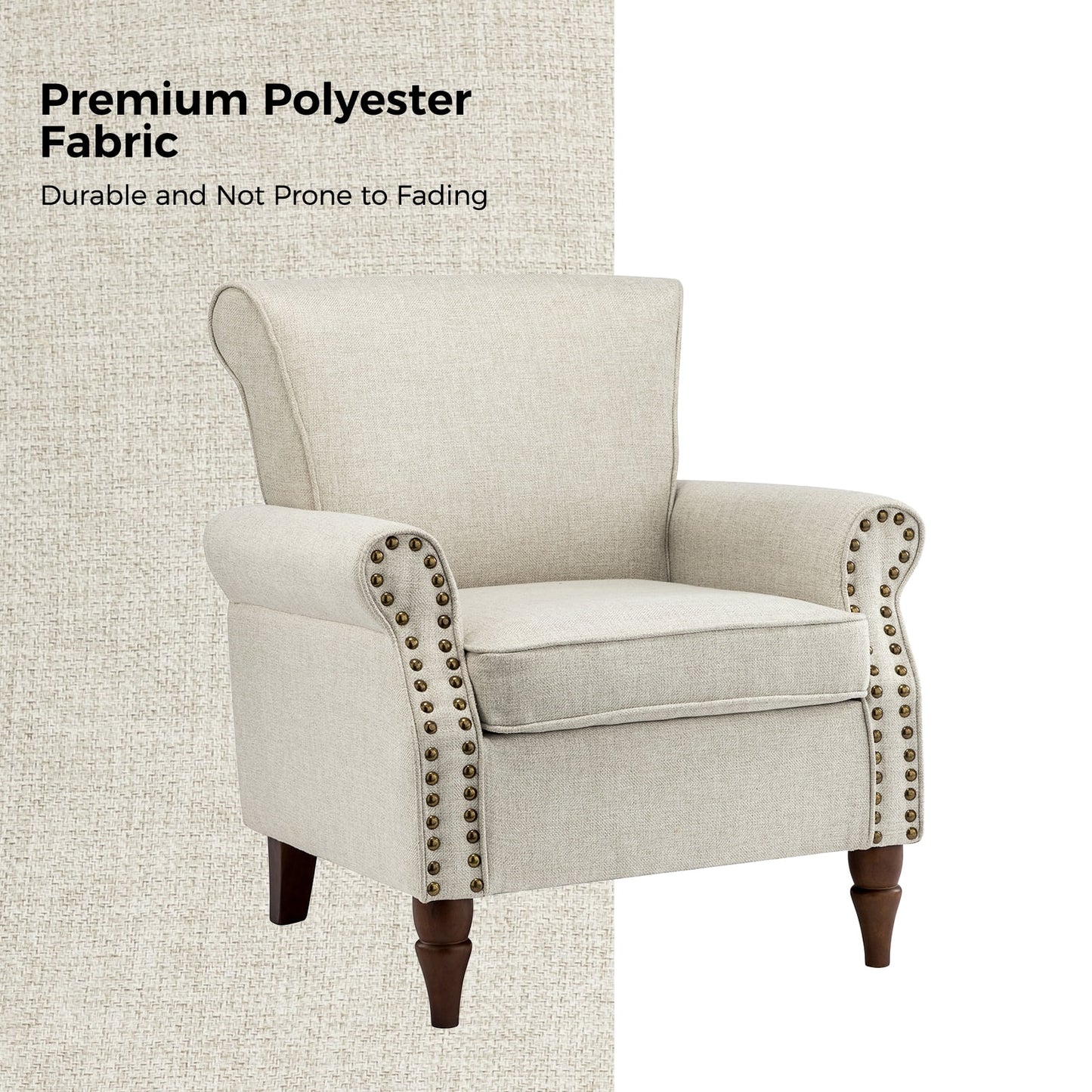 14 Karat Home Set of 2 Wingback Traditional Armchairs, Nailhead Trim, Oatmeal Fabric Upholstery & Wood Legs