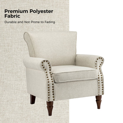 14 Karat Home Set of 2 Wingback Traditional Armchairs, Nailhead Trim, Oatmeal Fabric Upholstery & Wood Legs