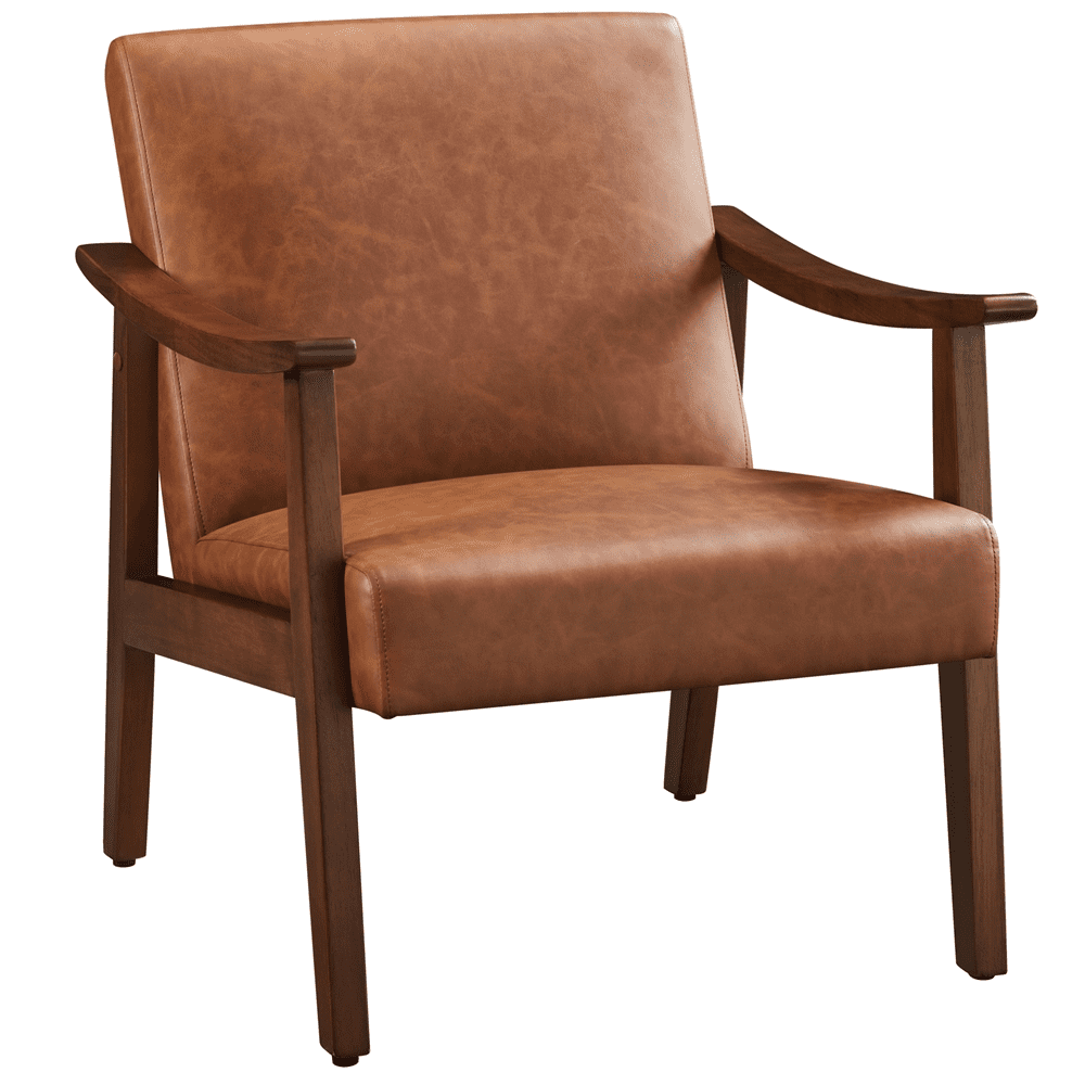 Yaheetech Mid-Century Upholstered Faux Leather Armchair with Solid Wood Legs,Brown