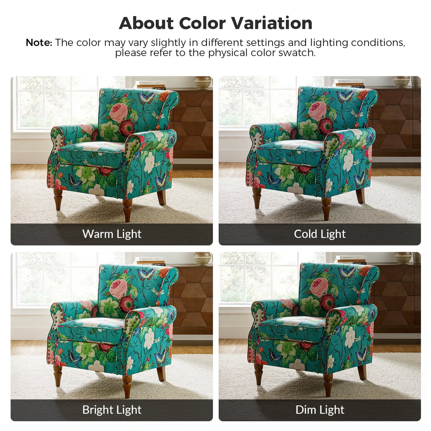 Wingback Armchair Removable Cushion Flower Butterfly Upholstered Sofa Home Accent Chair Couch Solid Wood Legs Blue