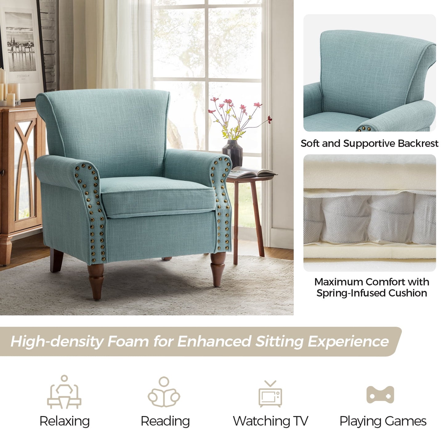 Wingback Accent Chairs Wood Legs Set of 2 Upholstered Sofa Armchairs Fabric Nailhead Trim Home Living Room Bedroom Blue